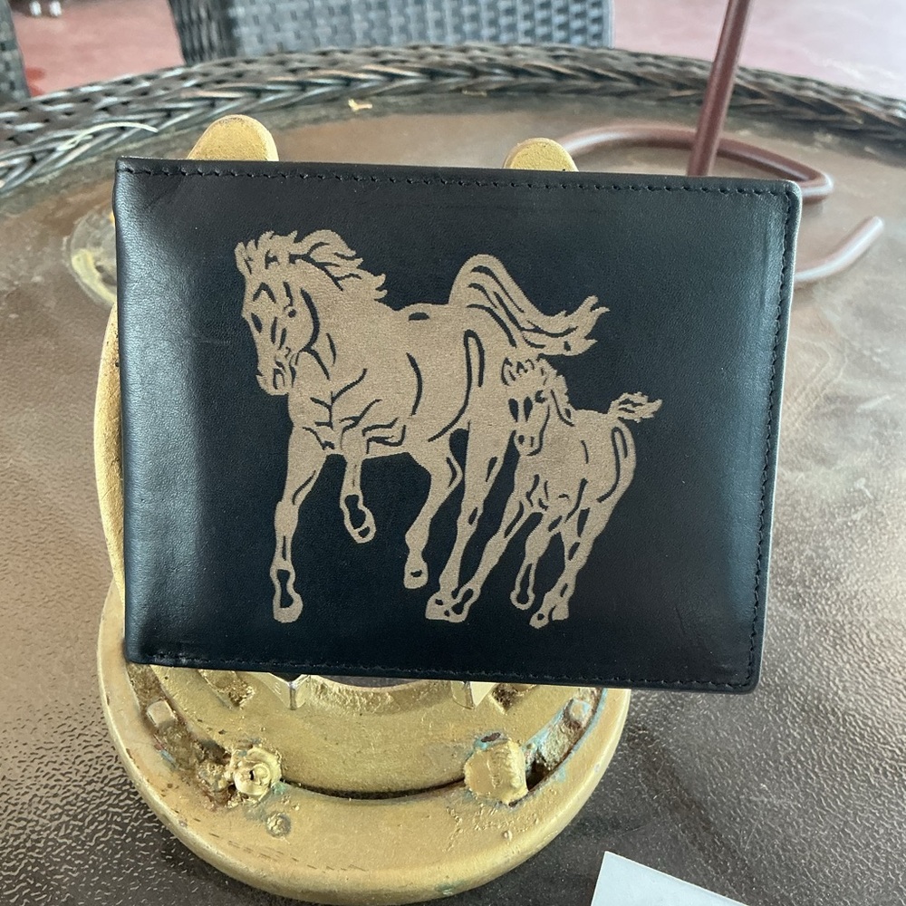 Men's Black Leather Bifold Wallet with Horse Design